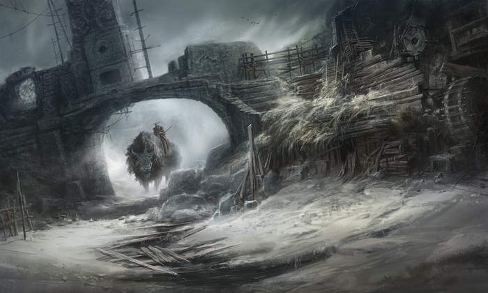 Warrior riding a bison under a ruined bridge