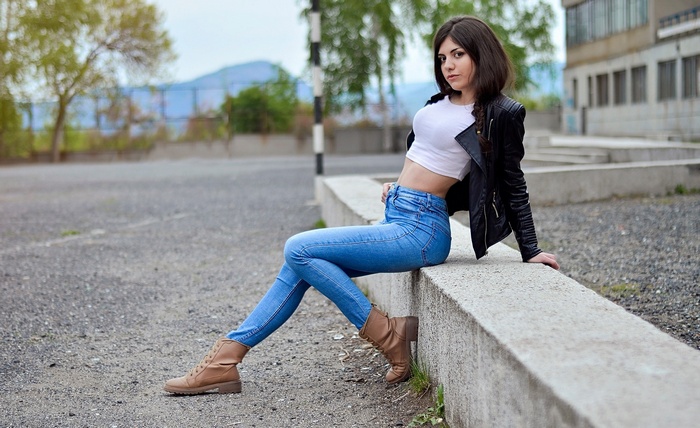 Leather Jackets Women T Shirt Sitting Brunette Pants Model Depth Of Field White Tops