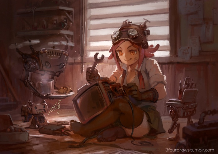 Mei Hatsume from Boku no Hero Academia tinkering with electronics
