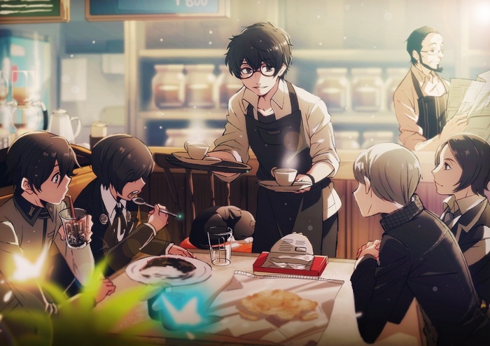 Persona characters in a cafe