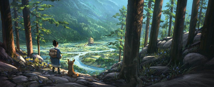 Girl and fox overlooking a valley with a building