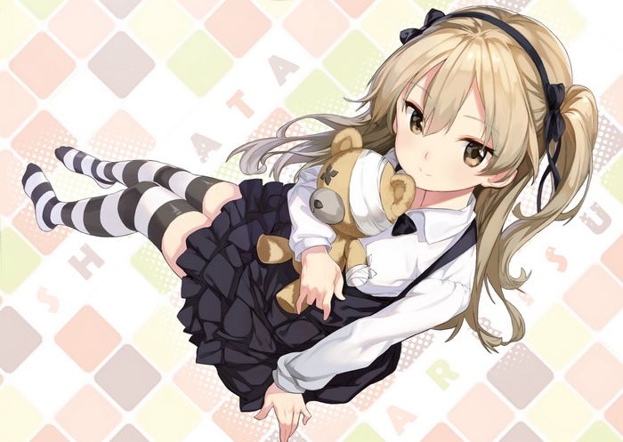 Anime girl with teddy bear and thigh-highs