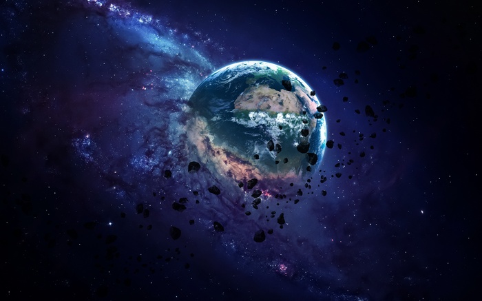 Earth surrounded by asteroids in space with nebula