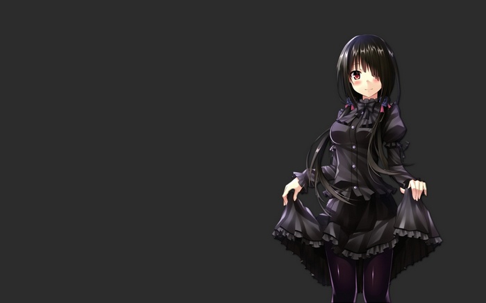 simple background, anime, Date A Live, black hair, thigh-highs, red eyes, anime girls, Tokisaki Kurumi