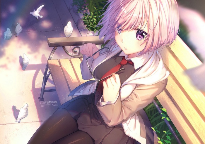 Mash Kyrielight from Fate/Grand Order sitting on a bench with pigeons