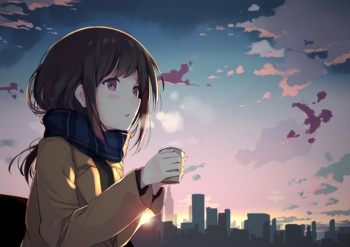 Anime girl with coffee cup at sunrise