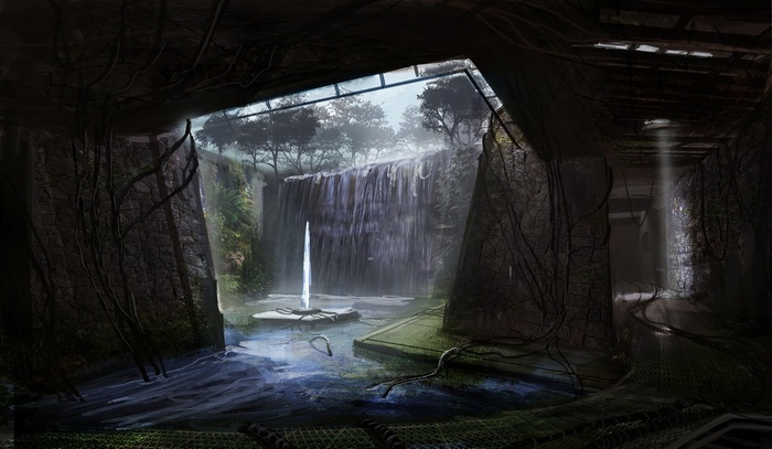 Futuristic apocalyptic overgrown ruins with waterfall