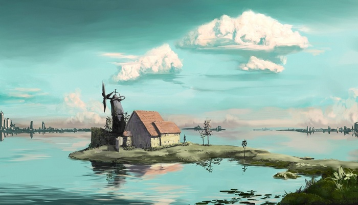 Futuristic island with windmill and distant cities