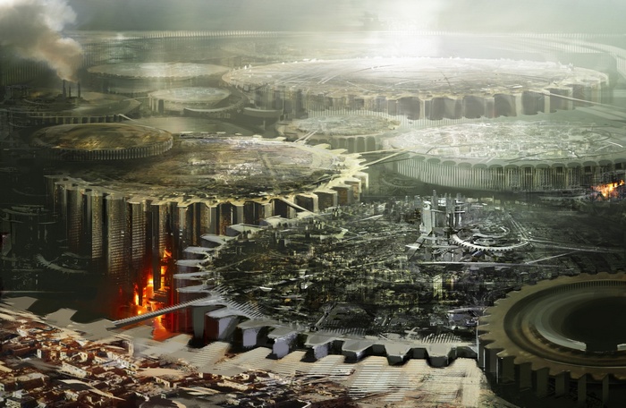 Steampunk city with giant gears and industrial buildings