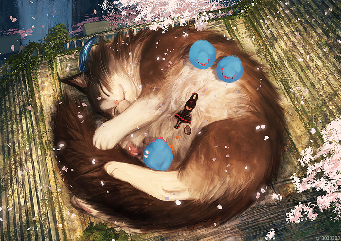 Giant cat sleeping with small girl and blue creatures