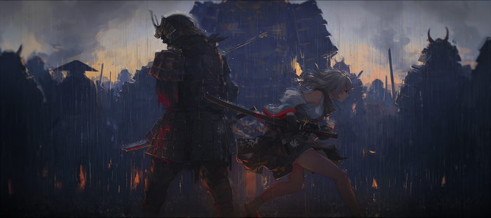 Samurai and girl in rain with army