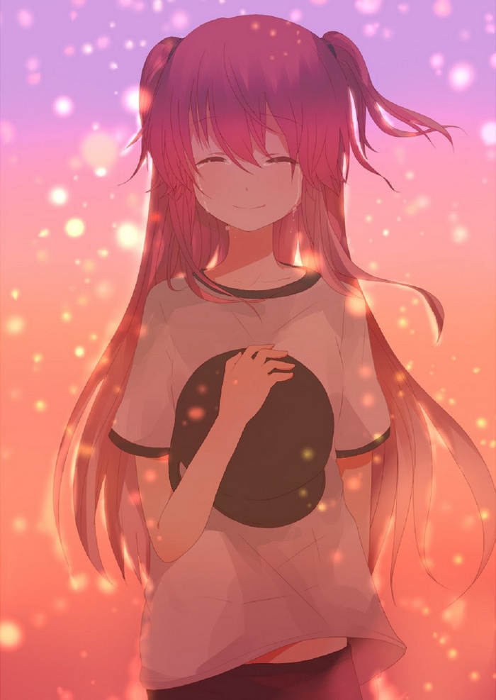 Anime girl with pink hair smiling with tears