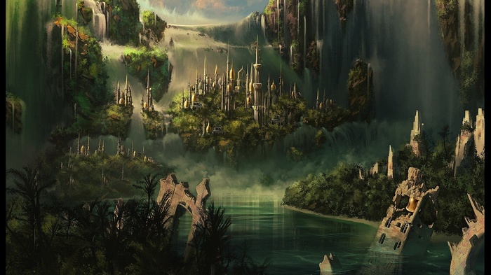 Fantasy city with waterfalls and ancient ruins