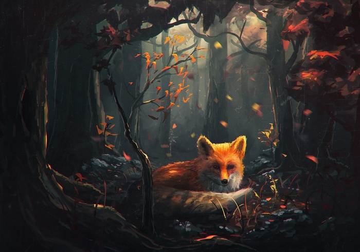 Fox in a dark fantasy forest during fall