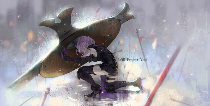 Mash Kyrielight from Fate/Grand Order defending with a shield