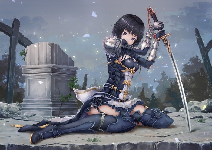 Girl in armor with sword in ruins