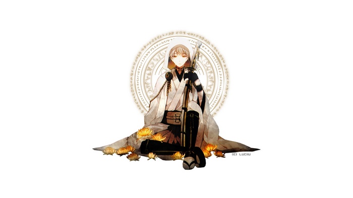 Anime character with sword and orange flowers