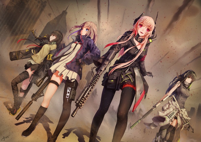 Four anime girls with weapons in a destroyed city