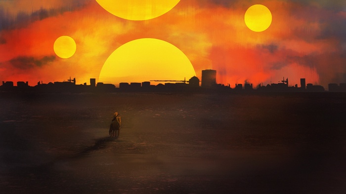 Tatooine twin sunset with lone rider