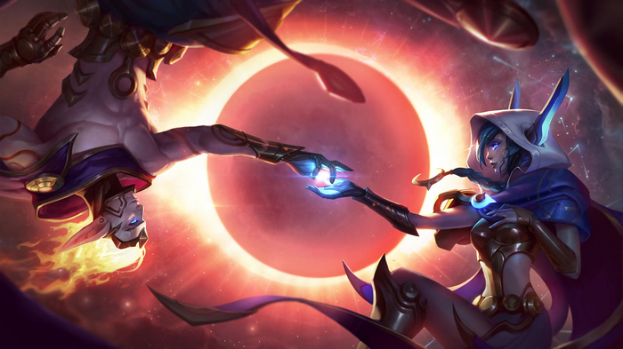Rakan and Xayah from League of Legends reaching for a glowing orb