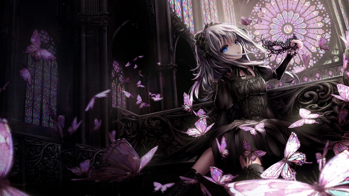 Gothic anime girl with butterflies in a cathedral