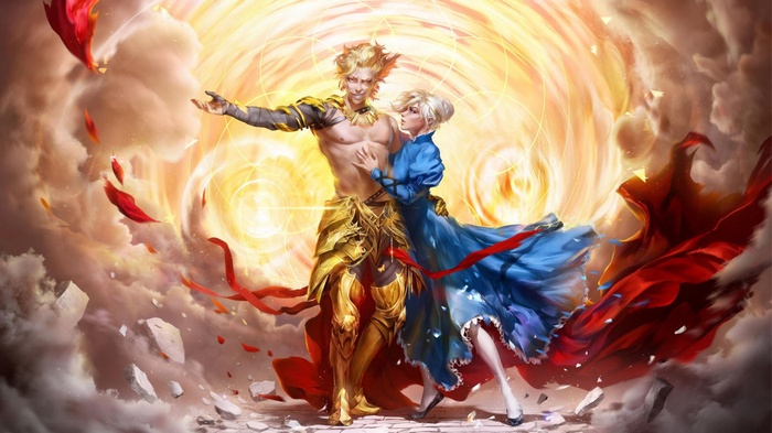 Saber and Gilgamesh in anime artwork