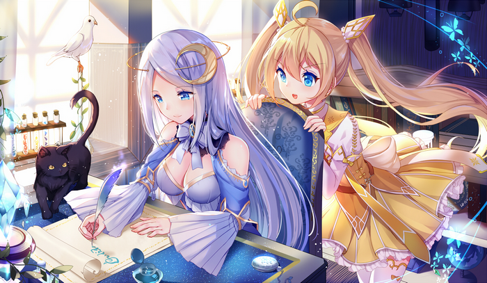 Two anime girls with a cat and a dove