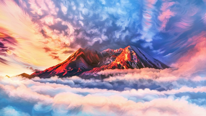 Artwork of mountains above clouds at sunset