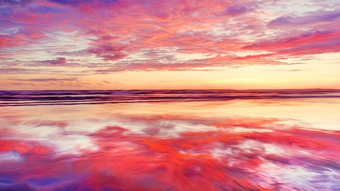 Painting of a colorful sunset over the ocean