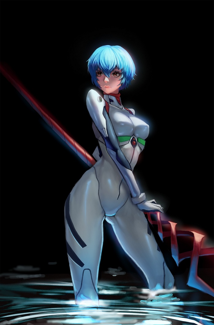 Rei Ayanami from Neon Genesis Evangelion holding a lance