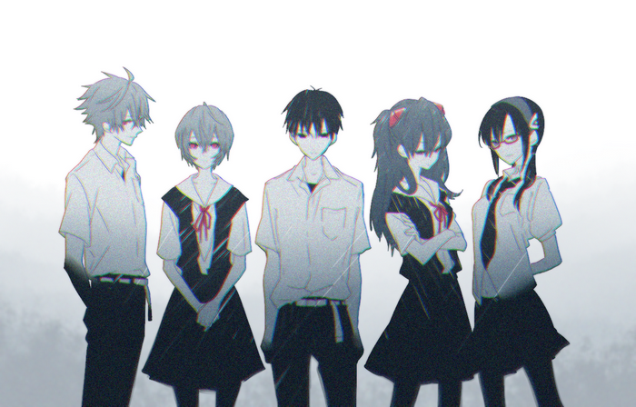 Five characters from Neon Genesis Evangelion