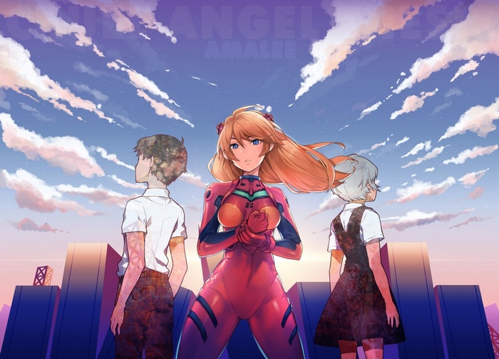 Asuka Langley Soryu, Ikari Shinji, and Ayanami Rei from Neon Genesis Evangelion