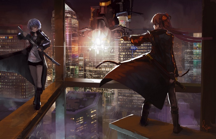 Anime girls with swords on a rooftop overlooking a city