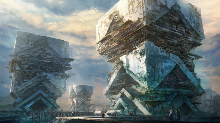Futuristic city with towering, dilapidated structures