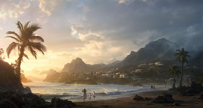 Tropical beach with mountains and palm trees at sunset