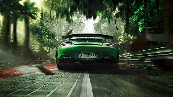 Green Mercedes-Benz AMG GT R on a jungle race track