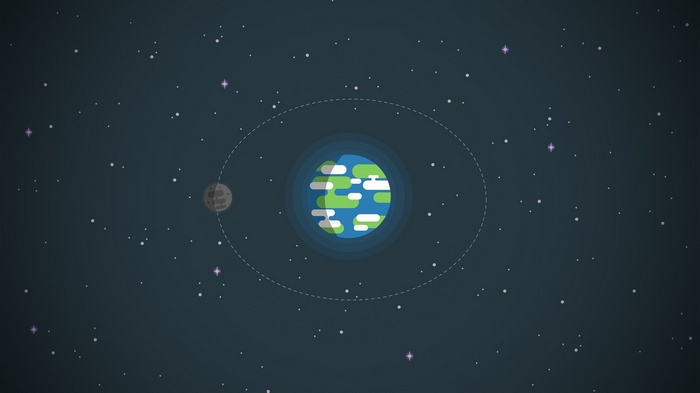 Earth and Moon orbiting in space with stars