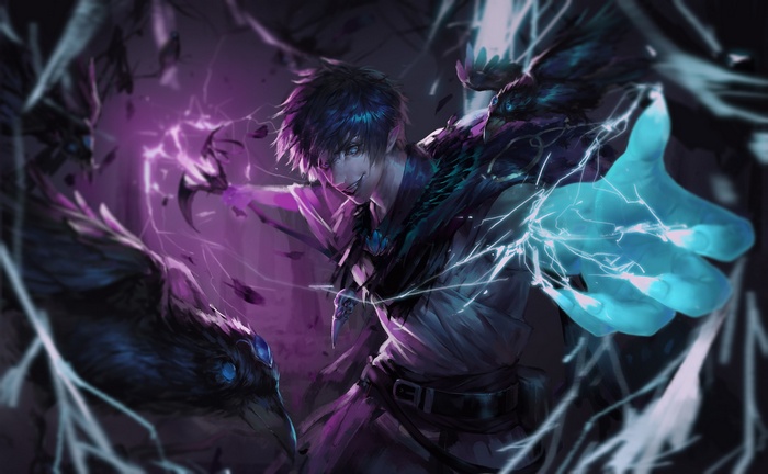 Fantasy warrior with crows and lightning magic