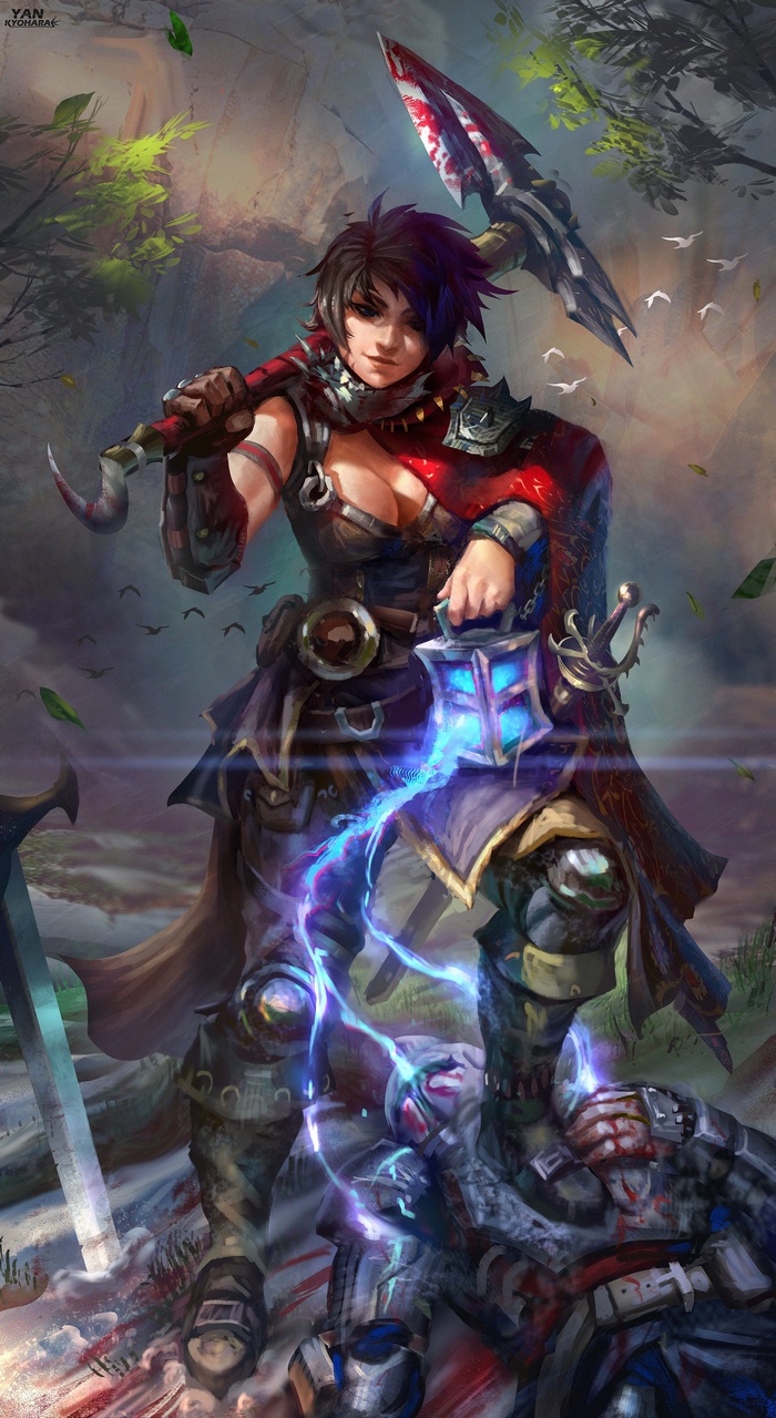 Warrior woman with a pickaxe and lantern