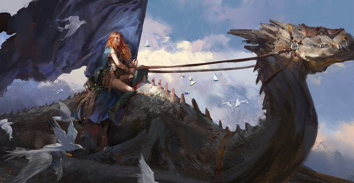 Woman riding a dragon with birds flying