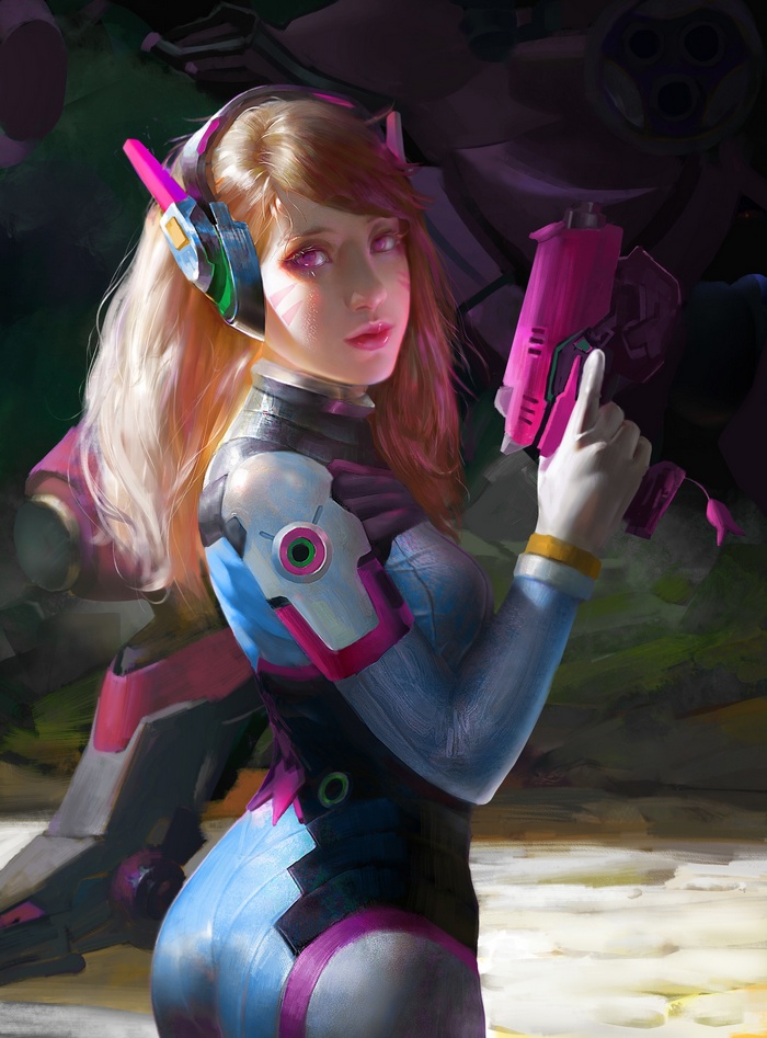D.Va from Overwatch holding a pink gun