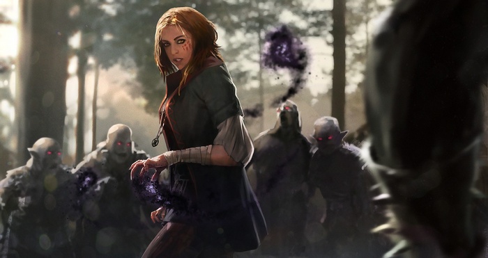 Woman casting magic against goblins in forest