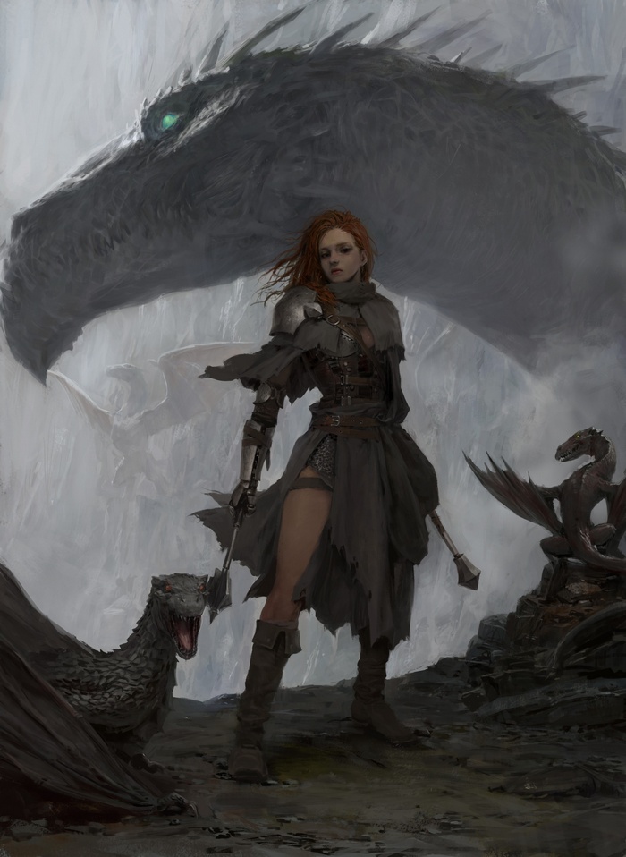 Warrior woman with dragons in a fantasy landscape