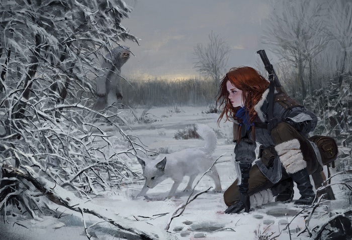 Fantasy warrior girl and arctic fox in snowy forest with creature