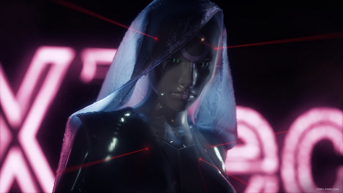 Cyberpunk android with lasers and neon