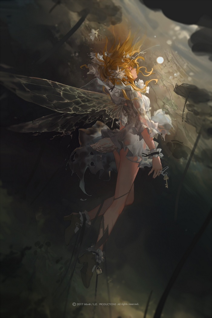 Fairy with wings and key in dark fantasy setting