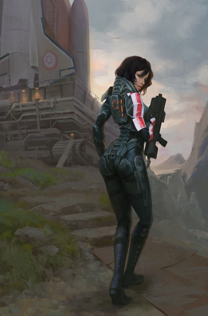 Female soldier from Mass Effect with a rocket