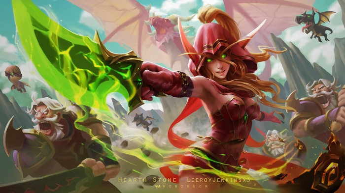 Valeera Sanguinar from Hearthstone with dragons and dwarves