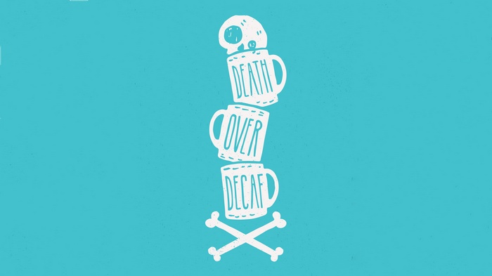 Death Over Decaf skull and crossbones mugs illustration