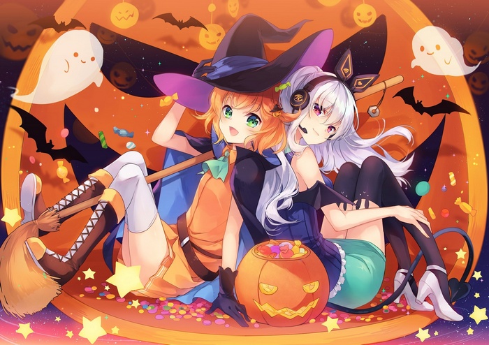 Two anime girls in Halloween costumes with pumpkins and candy